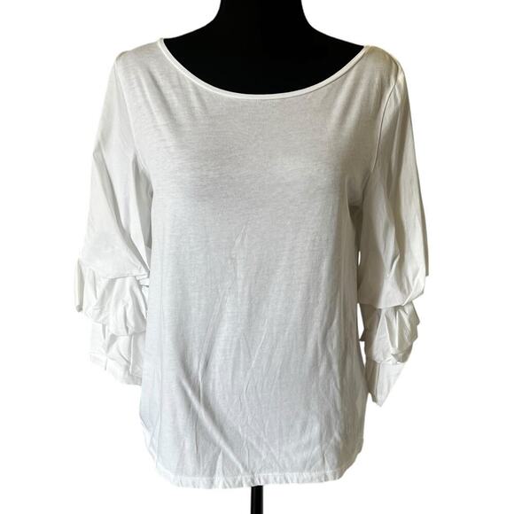 Hallhuber Women's 100% Cotton Causal Bubble Sleeve White Top Size Large - Picture 1 of 8